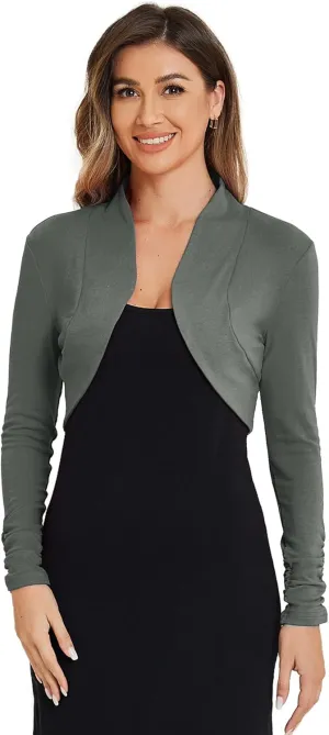 Allegra K Women's Elegant Bolero Shrug Ruched Long Sleeve Open Front Cropped Cardigan
