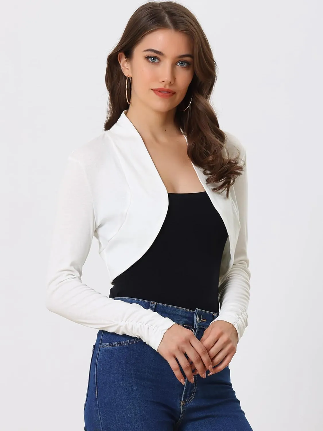 Allegra K Women's Elegant Bolero Shrug Ruched Long Sleeve Open Front Cropped Cardigan