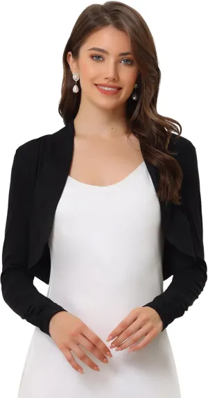 Allegra K Women's Elegant Bolero Shrug Ruched Long Sleeve Open Front Cropped Cardigan