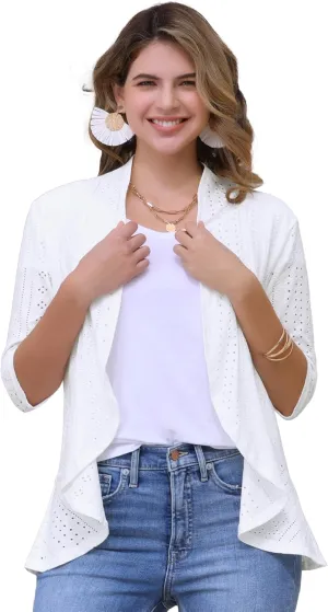 Allegra K Women's Open Front Cardigan 3/4 Sleeve Draped Ruffles Eyelet Summer Cardigans