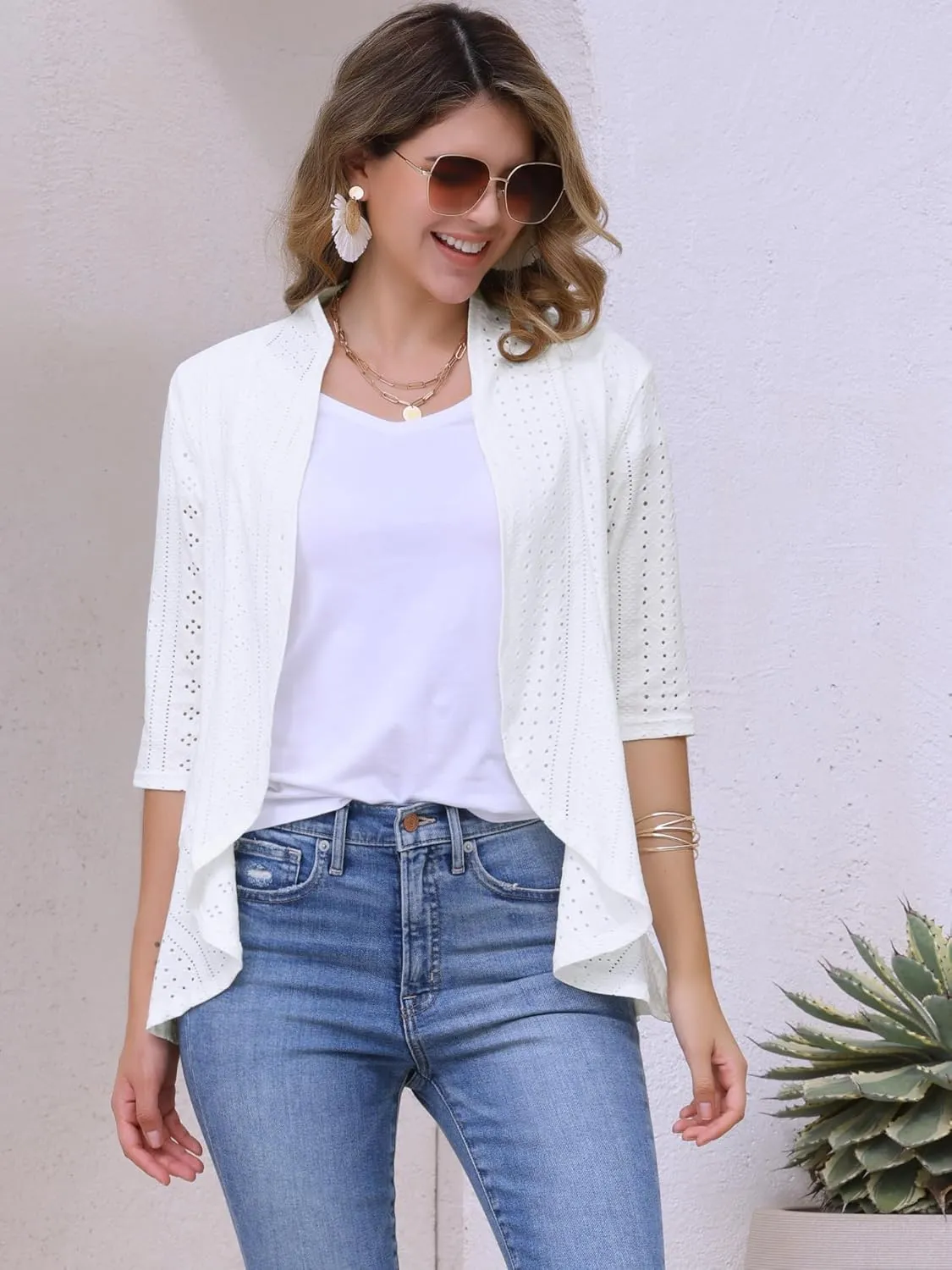 Allegra K Women's Open Front Cardigan 3/4 Sleeve Draped Ruffles Eyelet Summer Cardigans