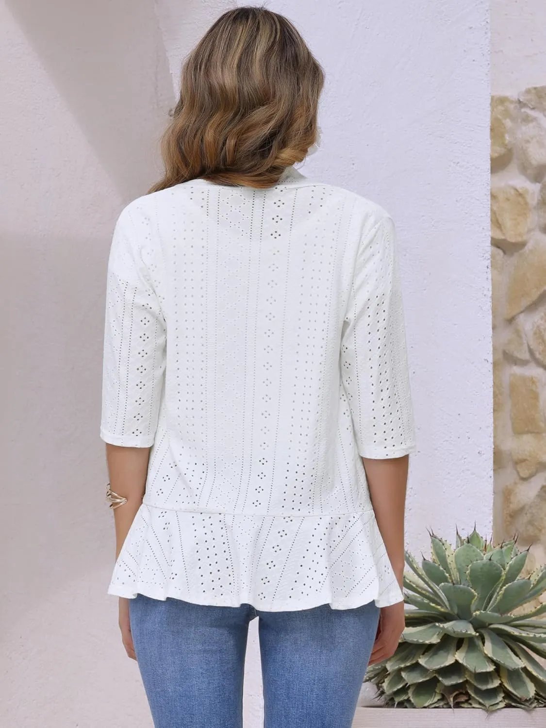 Allegra K Women's Open Front Cardigan 3/4 Sleeve Draped Ruffles Eyelet Summer Cardigans