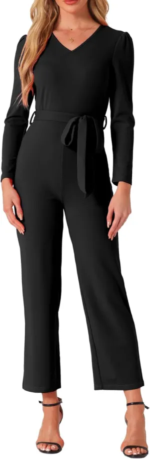 Allegra K Women's V Neck Jumpsuit Long Sleeve Tie Waist Wide Leg Long Pants Elegant Knit Jumpsuits