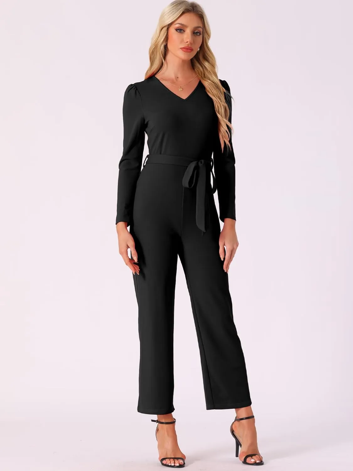 Allegra K Women's V Neck Jumpsuit Long Sleeve Tie Waist Wide Leg Long Pants Elegant Knit Jumpsuits