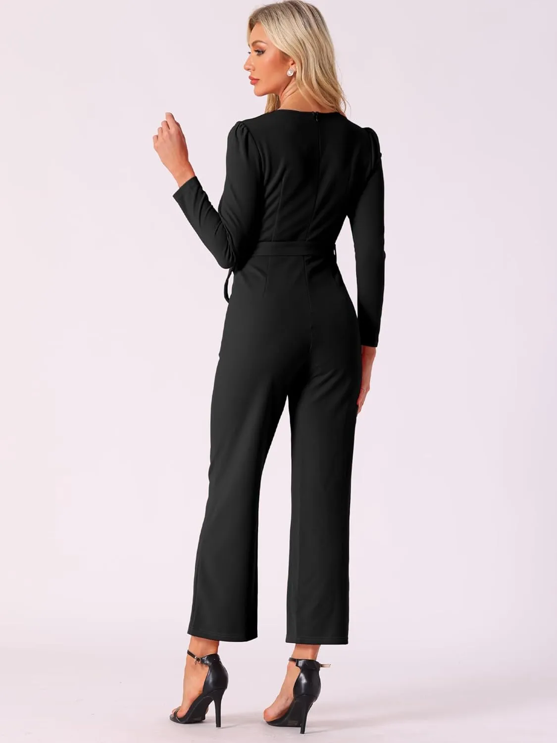 Allegra K Women's V Neck Jumpsuit Long Sleeve Tie Waist Wide Leg Long Pants Elegant Knit Jumpsuits