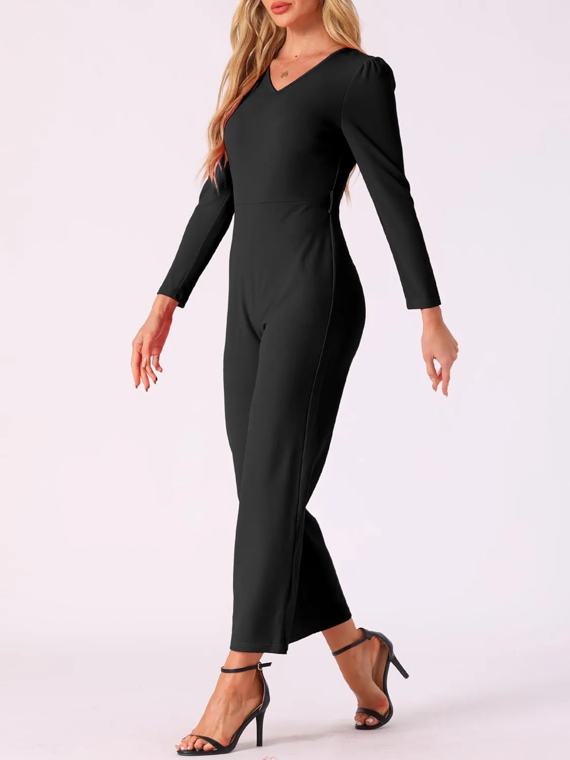 Allegra K Women's V Neck Jumpsuit Long Sleeve Tie Waist Wide Leg Long Pants Elegant Knit Jumpsuits