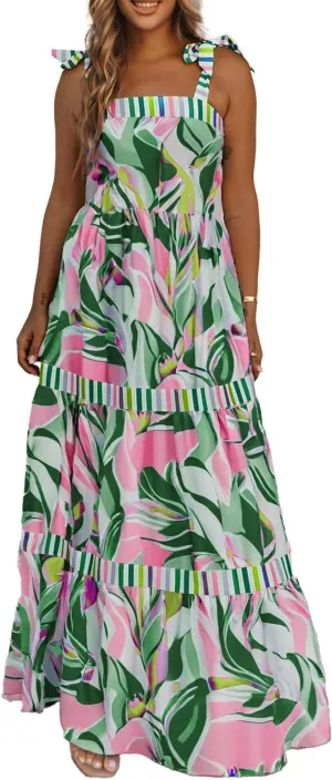 AlvaQ Women's 2025 Summer Sleeveless Floral Print Maxi Dress Strap Square Neck Beach Sun Dress