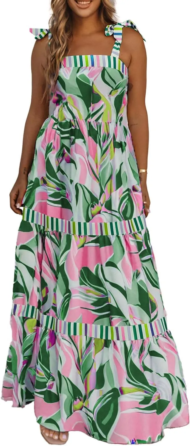 AlvaQ Women's 2025 Summer Sleeveless Floral Print Maxi Dress Strap Square Neck Beach Sun Dress