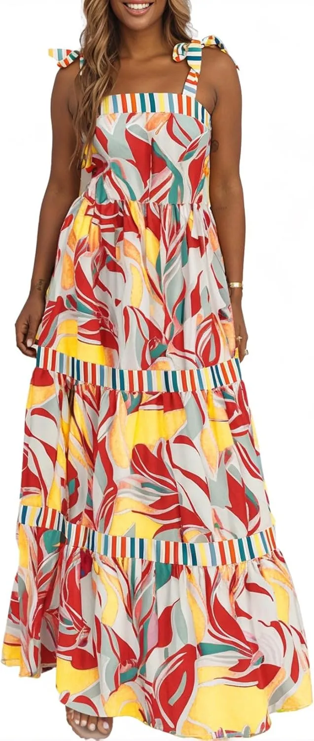AlvaQ Women's 2025 Summer Sleeveless Floral Print Maxi Dress Strap Square Neck Beach Sun Dress