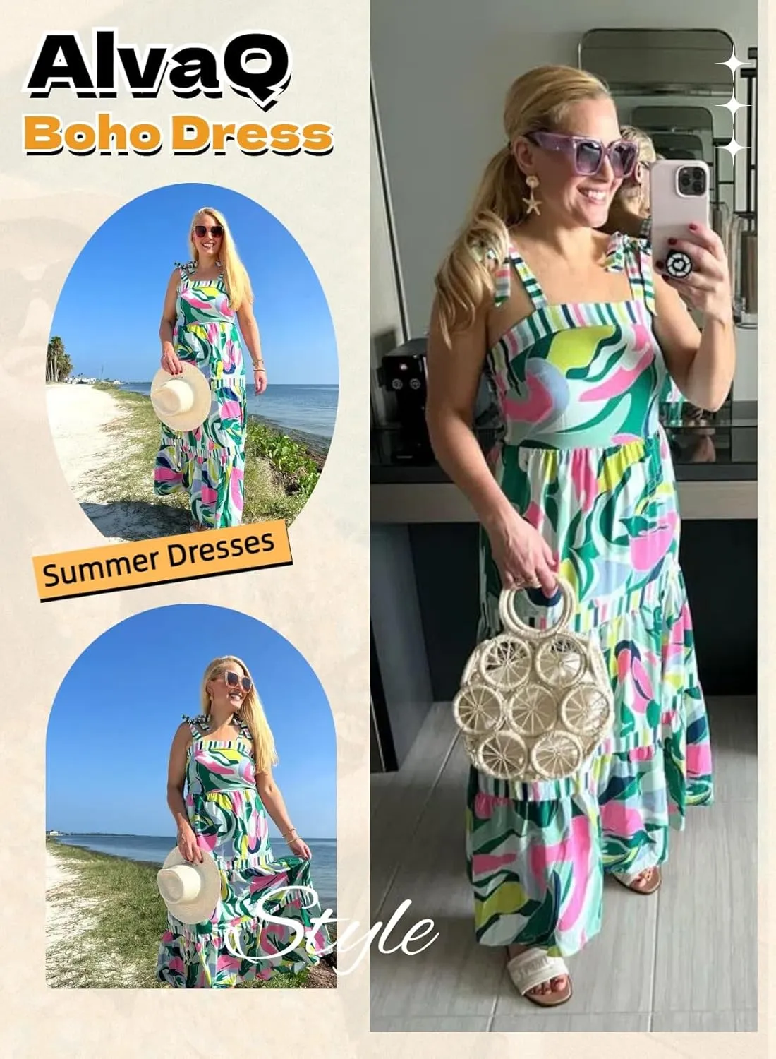 AlvaQ Women's 2025 Summer Sleeveless Floral Print Maxi Dress Strap Square Neck Beach Sun Dress