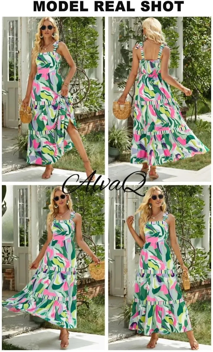 AlvaQ Women's 2025 Summer Sleeveless Floral Print Maxi Dress Strap Square Neck Beach Sun Dress