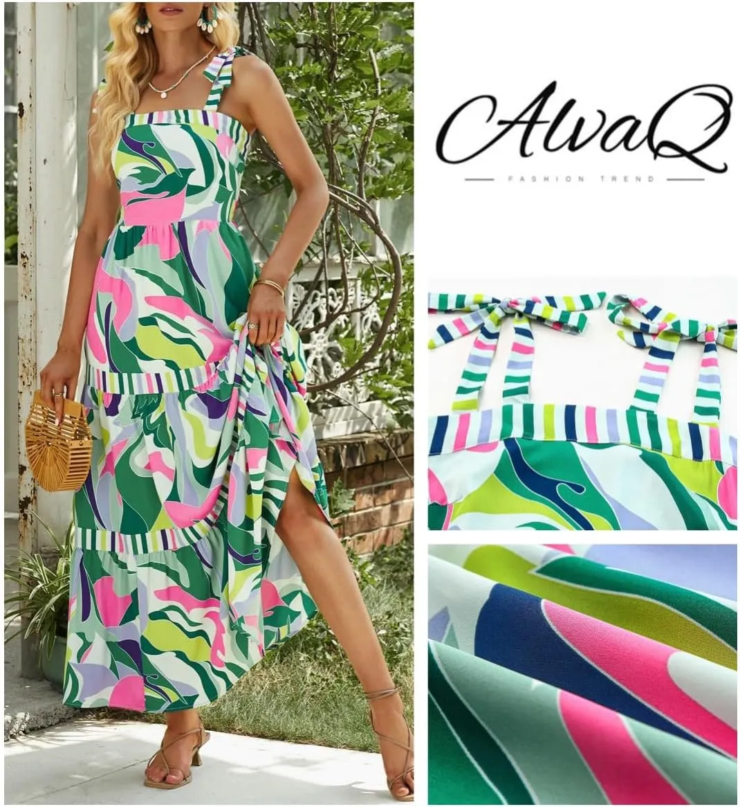 AlvaQ Women's 2025 Summer Sleeveless Floral Print Maxi Dress Strap Square Neck Beach Sun Dress