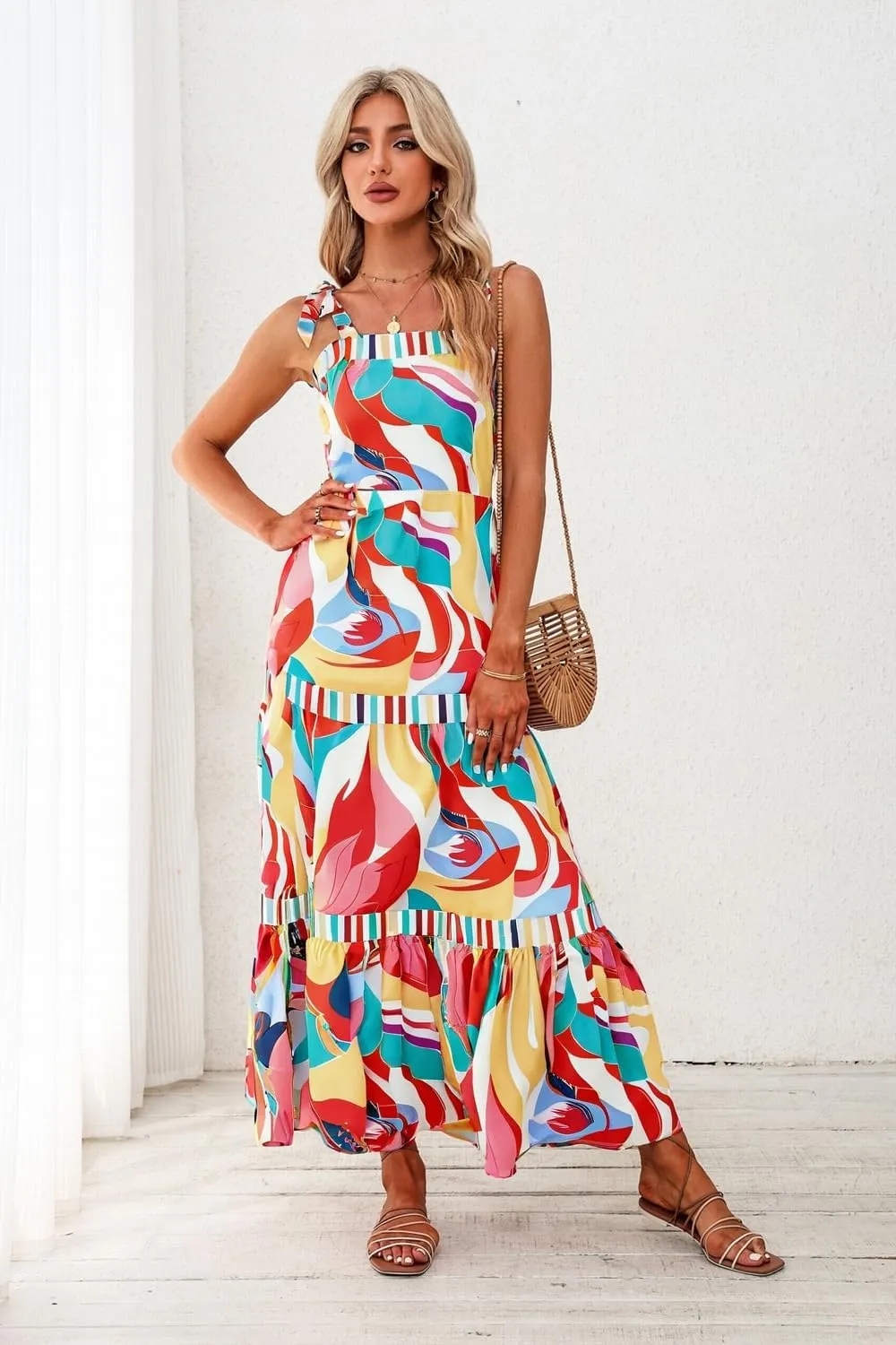AlvaQ Women's 2025 Summer Sleeveless Floral Print Maxi Dress Strap Square Neck Beach Sun Dress
