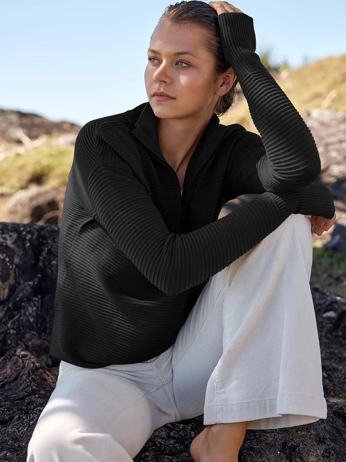 ANRABESS Women's 2025 Fall Long Sleeve Half Zip Casual Oversized Ribbed Knit Pullover Sweater Top Thumb Hole Trendy Outfits