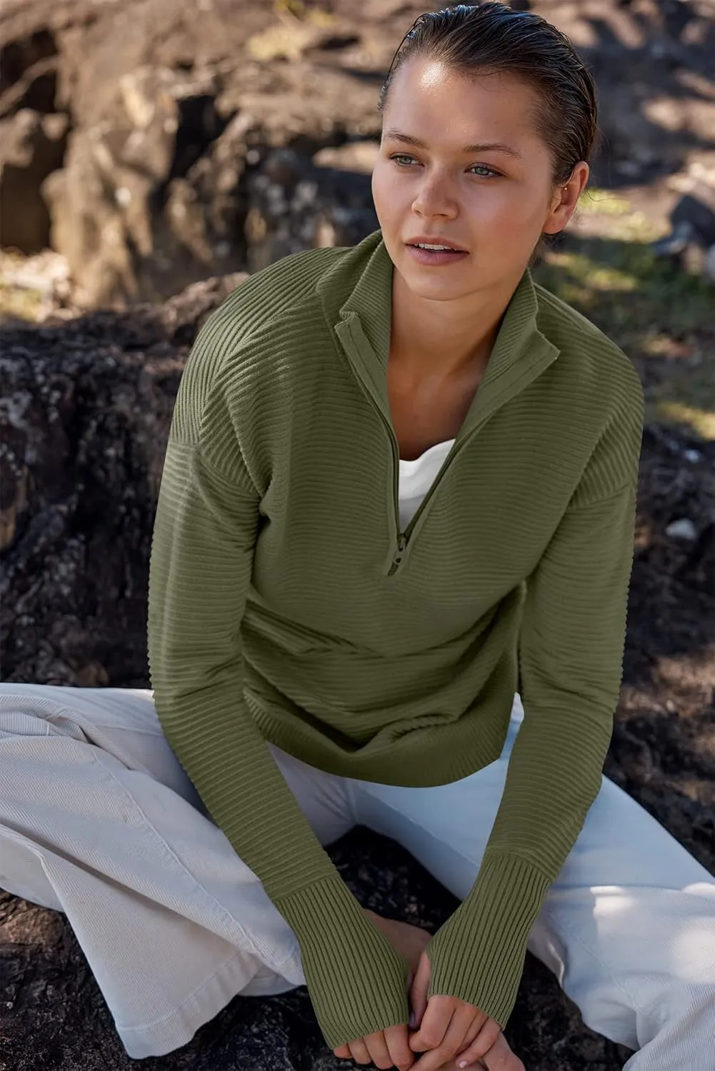 ANRABESS Women's 2025 Fall Long Sleeve Half Zip Casual Oversized Ribbed Knit Pullover Sweater Top Thumb Hole Trendy Outfits