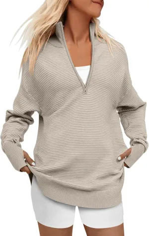 ANRABESS Women's 2025 Fall Long Sleeve Half Zip Casual Oversized Ribbed Knit Pullover Sweater Top Thumb Hole Trendy Outfits