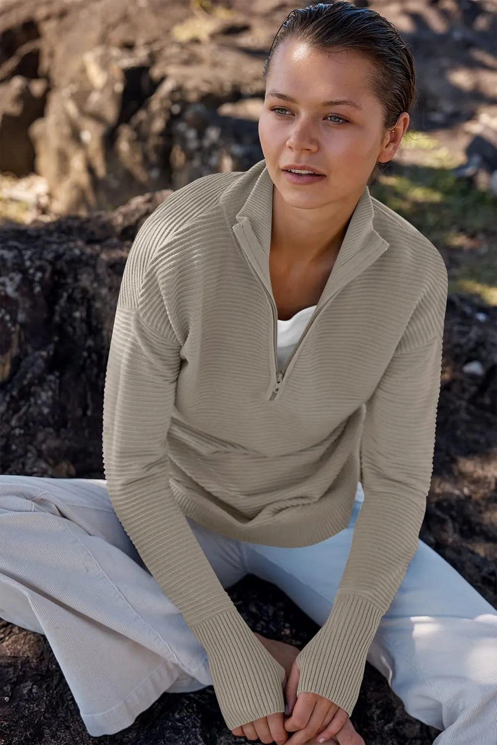 ANRABESS Women's 2025 Fall Long Sleeve Half Zip Casual Oversized Ribbed Knit Pullover Sweater Top Thumb Hole Trendy Outfits