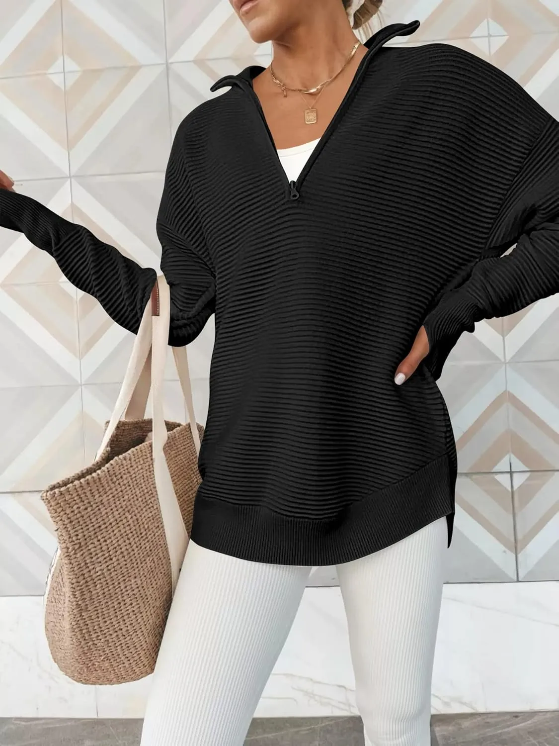 ANRABESS Women's 2025 Fall Long Sleeve Half Zip Casual Oversized Ribbed Knit Pullover Sweater Top Thumb Hole Trendy Outfits