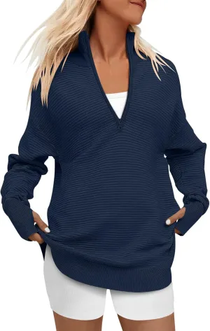 ANRABESS Women's 2025 Fall Long Sleeve Half Zip Casual Oversized Ribbed Knit Pullover Sweater Top Thumb Hole Trendy Outfits