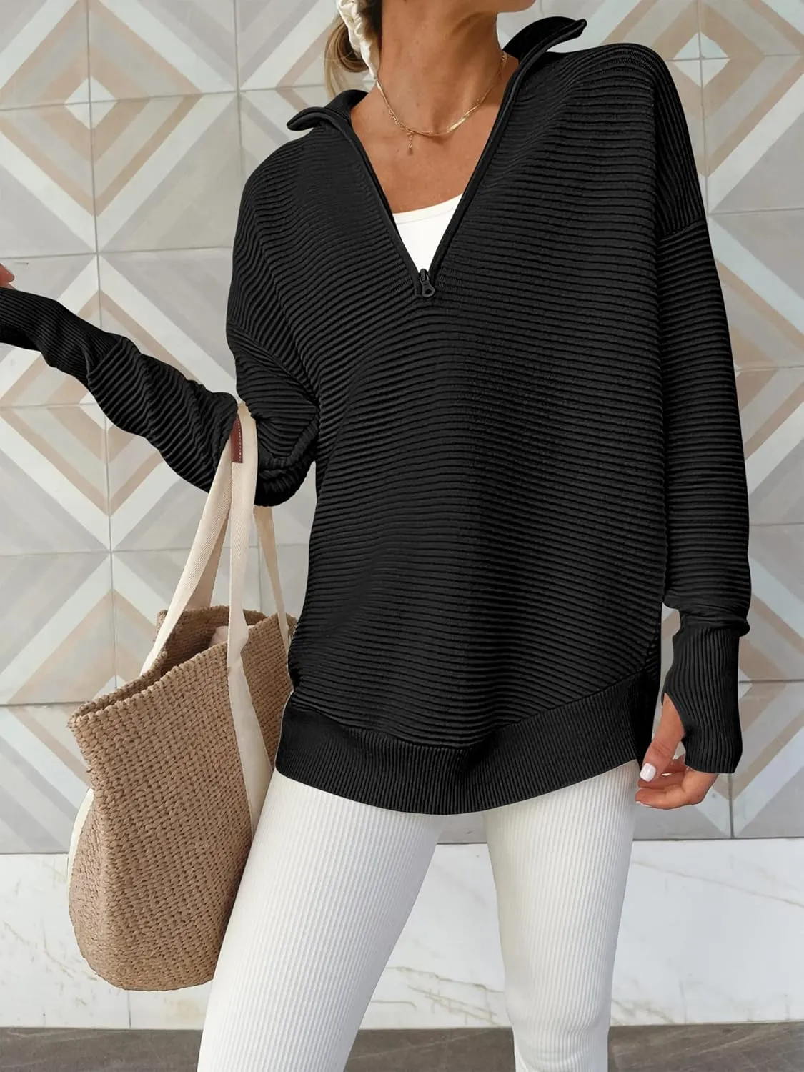 ANRABESS Women's 2025 Fall Long Sleeve Half Zip Casual Oversized Ribbed Knit Pullover Sweater Top Thumb Hole Trendy Outfits