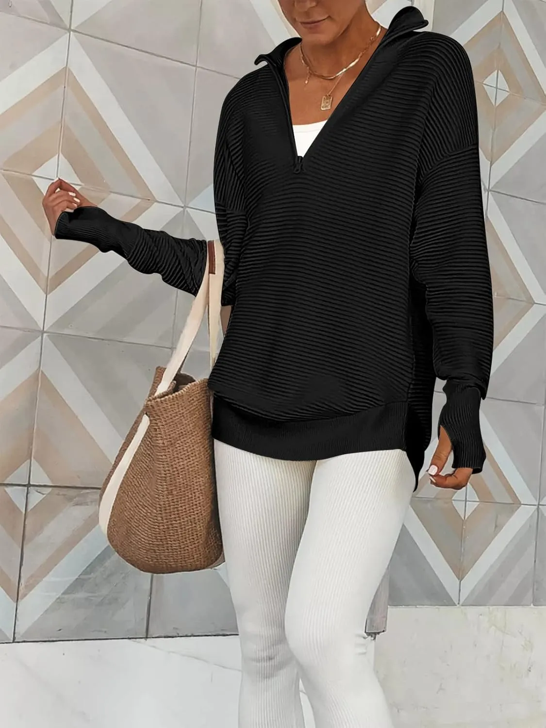 ANRABESS Women's 2025 Fall Long Sleeve Half Zip Casual Oversized Ribbed Knit Pullover Sweater Top Thumb Hole Trendy Outfits