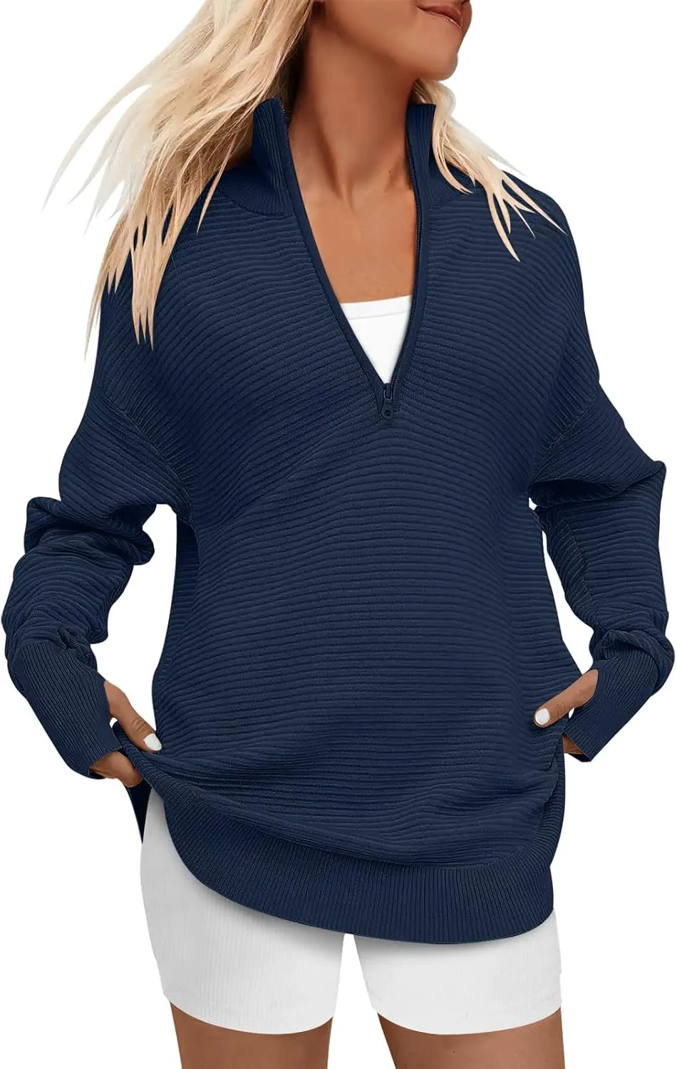 ANRABESS Women's 2025 Fall Long Sleeve Half Zip Casual Oversized Ribbed Knit Pullover Sweater Top Thumb Hole Trendy Outfits