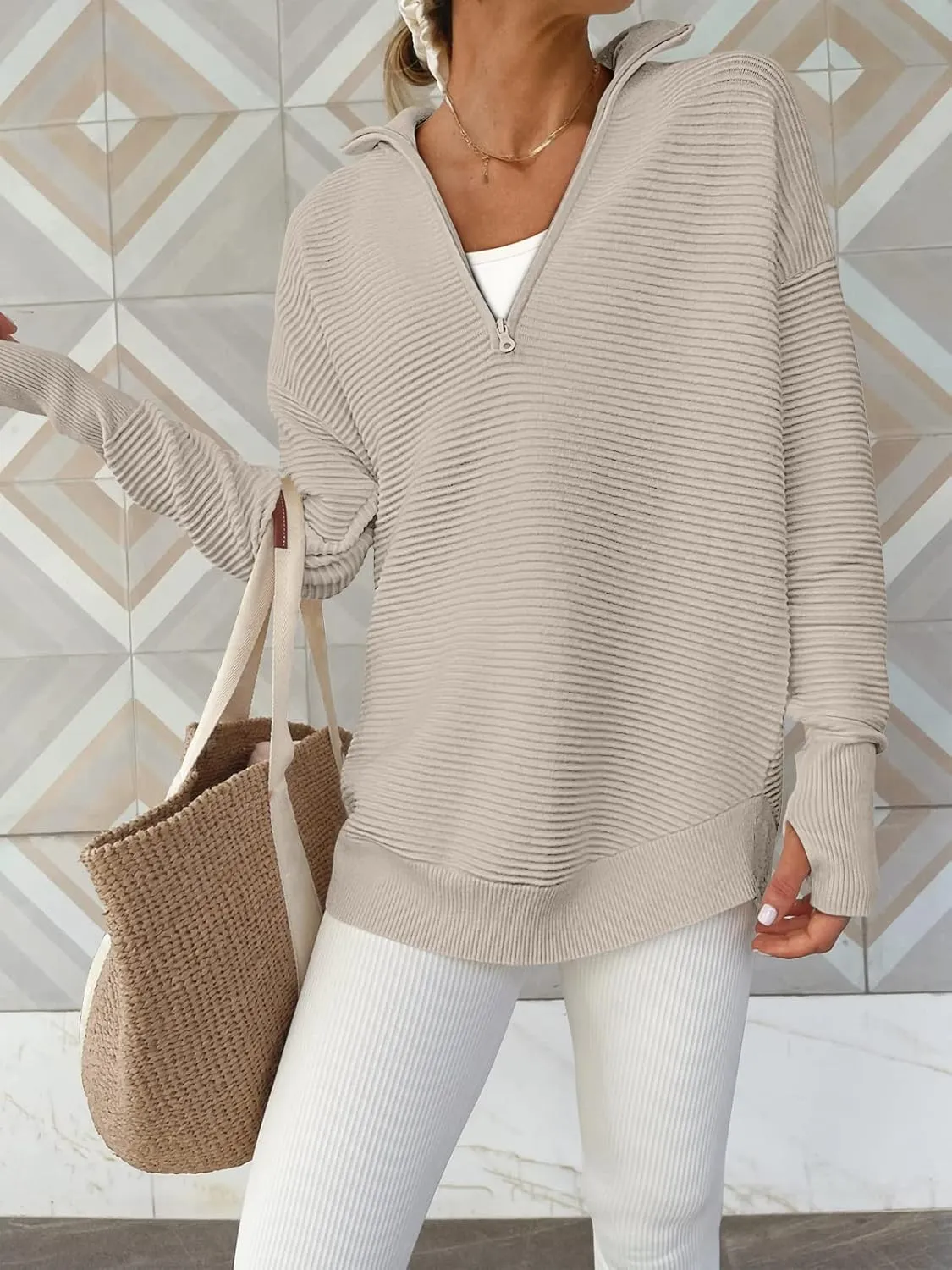 ANRABESS Women's 2025 Fall Long Sleeve Half Zip Casual Oversized Ribbed Knit Pullover Sweater Top Thumb Hole Trendy Outfits