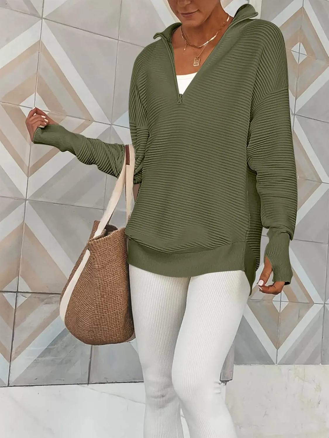 ANRABESS Women's 2025 Fall Long Sleeve Half Zip Casual Oversized Ribbed Knit Pullover Sweater Top Thumb Hole Trendy Outfits