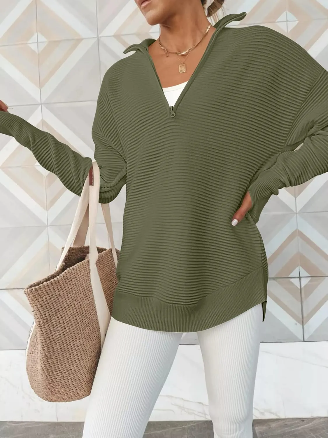 ANRABESS Women's 2025 Fall Long Sleeve Half Zip Casual Oversized Ribbed Knit Pullover Sweater Top Thumb Hole Trendy Outfits