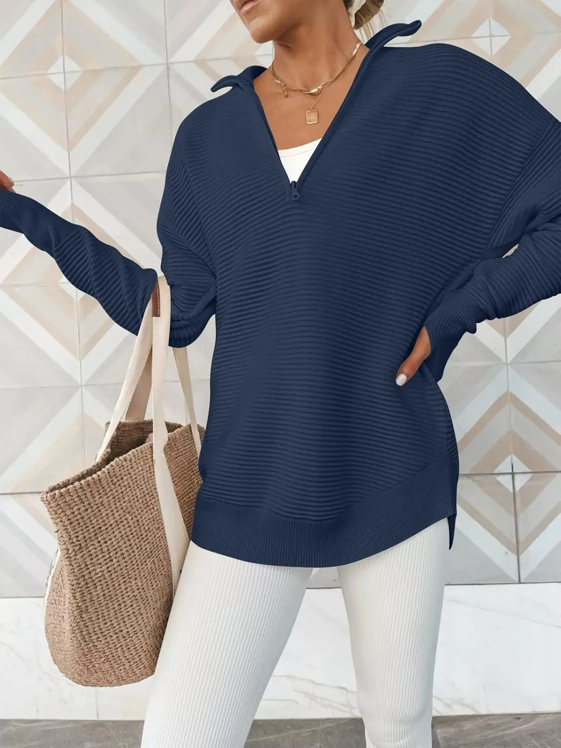 ANRABESS Women's 2025 Fall Long Sleeve Half Zip Casual Oversized Ribbed Knit Pullover Sweater Top Thumb Hole Trendy Outfits