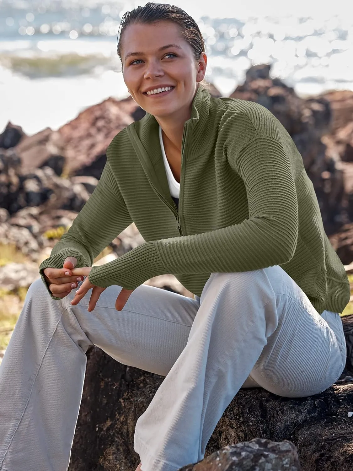 ANRABESS Women's 2025 Fall Long Sleeve Half Zip Casual Oversized Ribbed Knit Pullover Sweater Top Thumb Hole Trendy Outfits