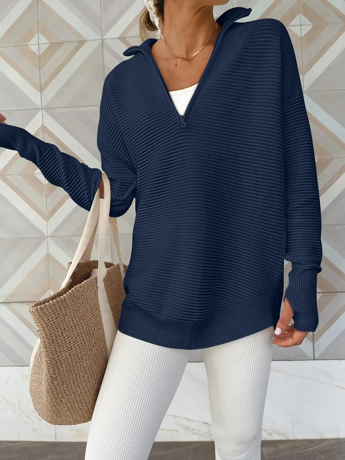 ANRABESS Women's 2025 Fall Long Sleeve Half Zip Casual Oversized Ribbed Knit Pullover Sweater Top Thumb Hole Trendy Outfits
