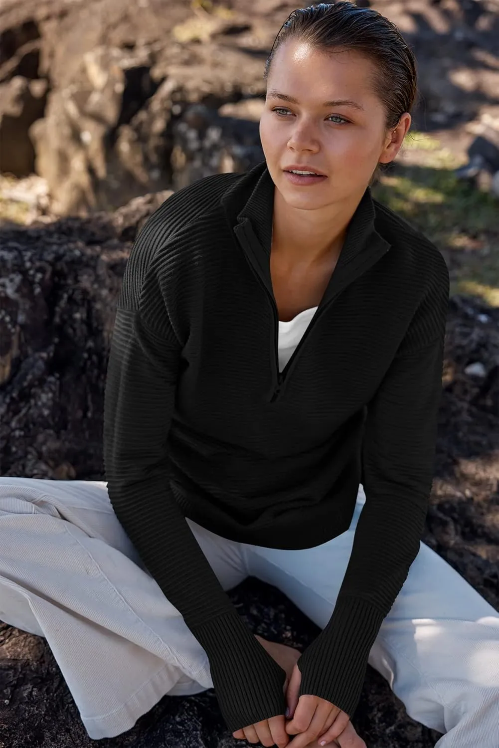 ANRABESS Women's 2025 Fall Long Sleeve Half Zip Casual Oversized Ribbed Knit Pullover Sweater Top Thumb Hole Trendy Outfits