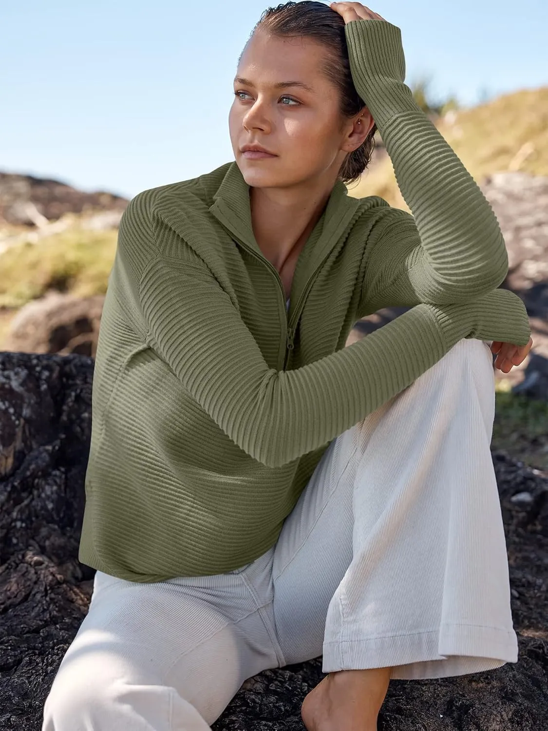 ANRABESS Women's 2025 Fall Long Sleeve Half Zip Casual Oversized Ribbed Knit Pullover Sweater Top Thumb Hole Trendy Outfits