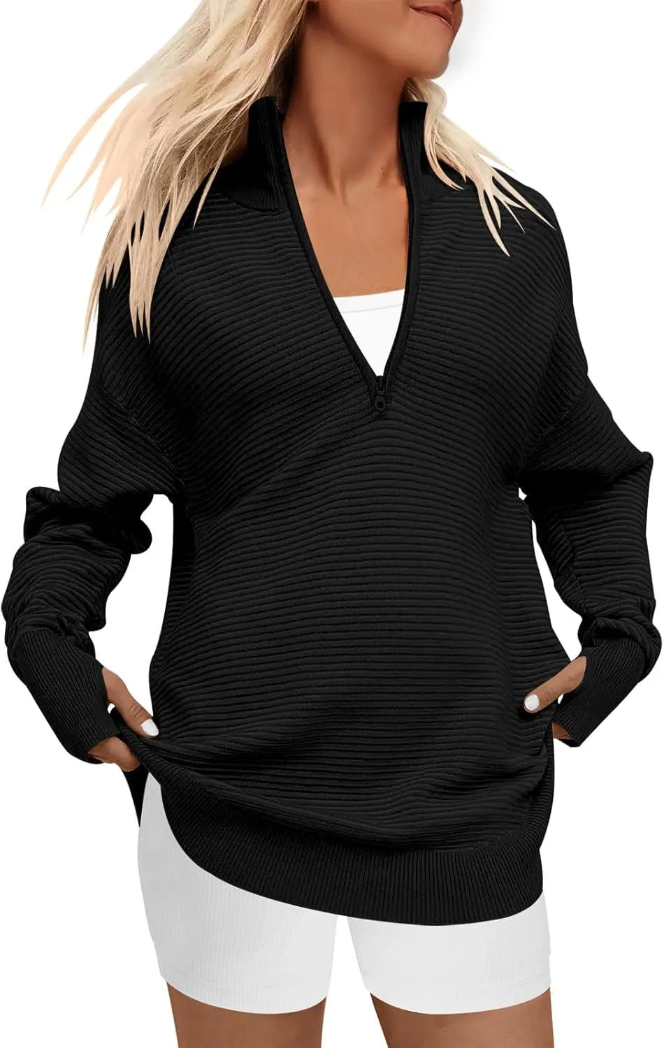 ANRABESS Women's 2025 Fall Long Sleeve Half Zip Casual Oversized Ribbed Knit Pullover Sweater Top Thumb Hole Trendy Outfits