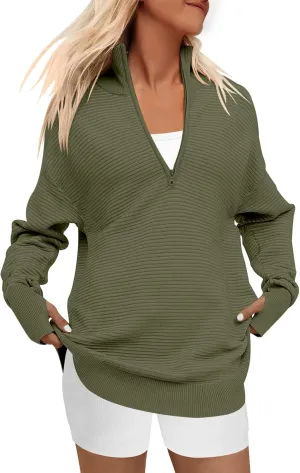 ANRABESS Women's 2025 Fall Long Sleeve Half Zip Casual Oversized Ribbed Knit Pullover Sweater Top Thumb Hole Trendy Outfits