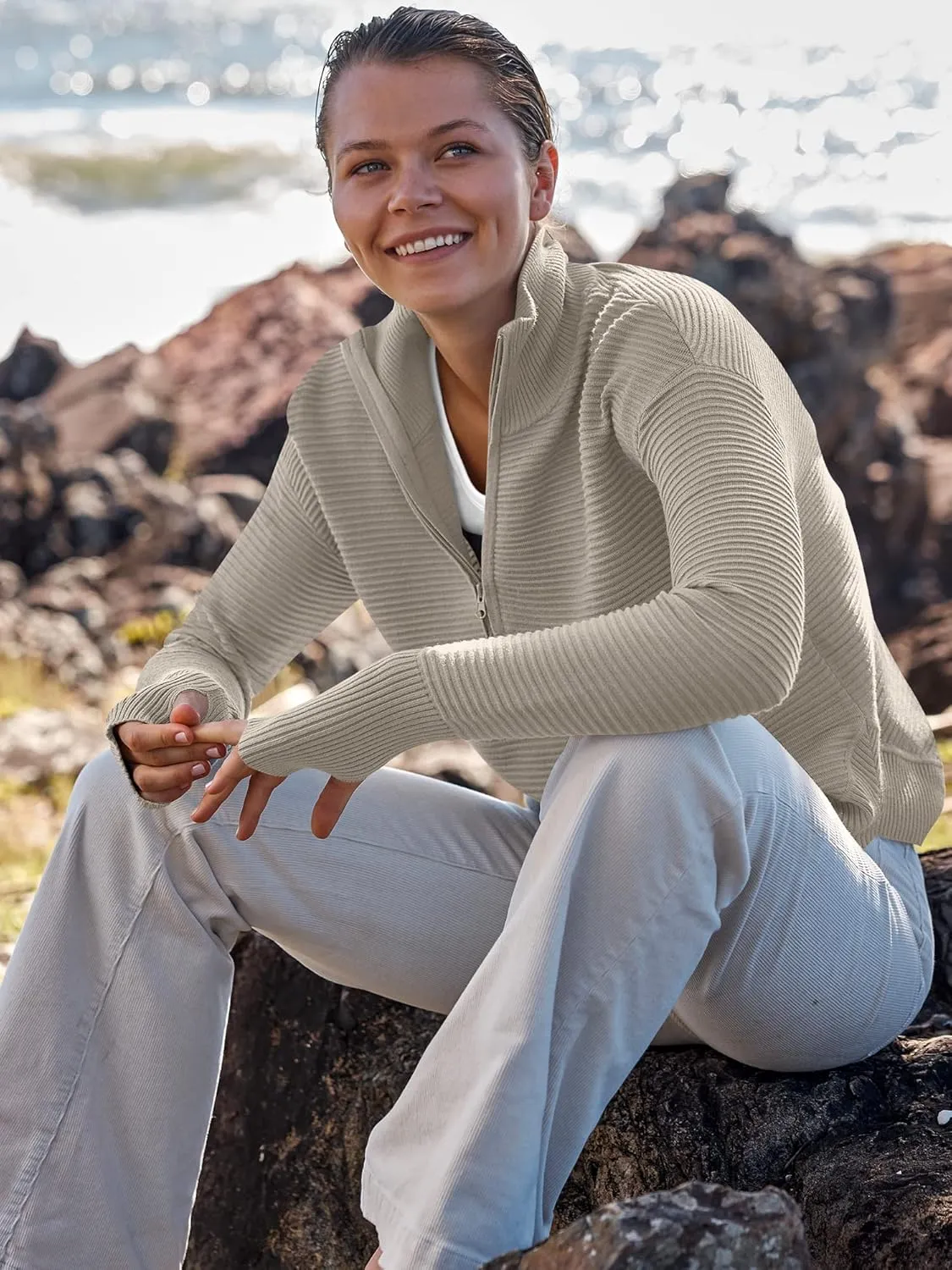 ANRABESS Women's 2025 Fall Long Sleeve Half Zip Casual Oversized Ribbed Knit Pullover Sweater Top Thumb Hole Trendy Outfits