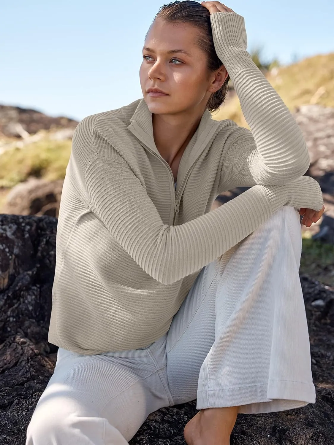 ANRABESS Women's 2025 Fall Long Sleeve Half Zip Casual Oversized Ribbed Knit Pullover Sweater Top Thumb Hole Trendy Outfits
