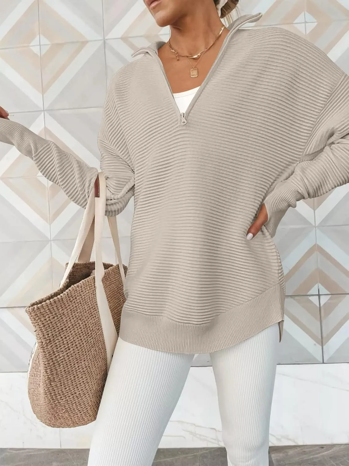 ANRABESS Women's 2025 Fall Long Sleeve Half Zip Casual Oversized Ribbed Knit Pullover Sweater Top Thumb Hole Trendy Outfits