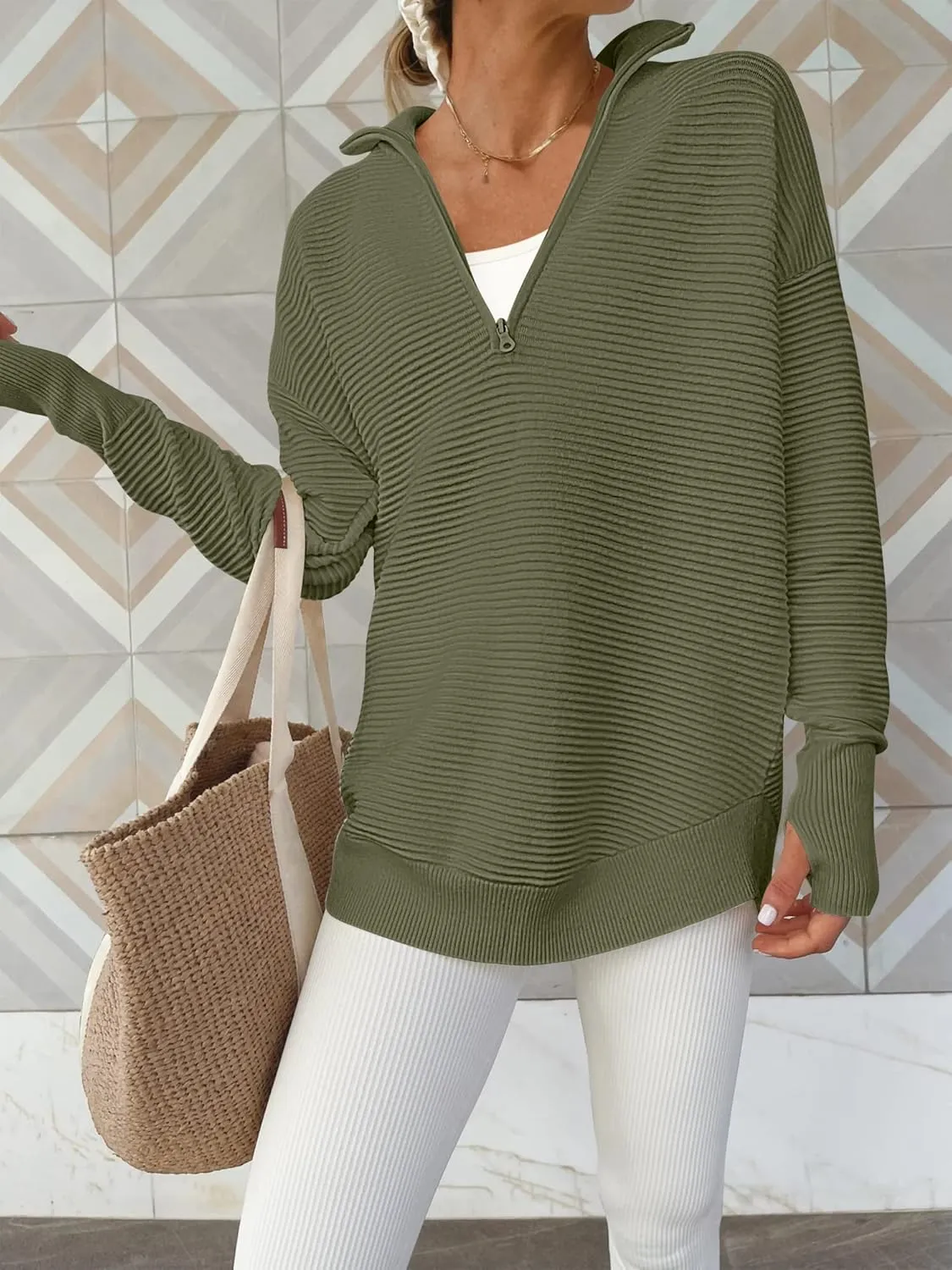 ANRABESS Women's 2025 Fall Long Sleeve Half Zip Casual Oversized Ribbed Knit Pullover Sweater Top Thumb Hole Trendy Outfits