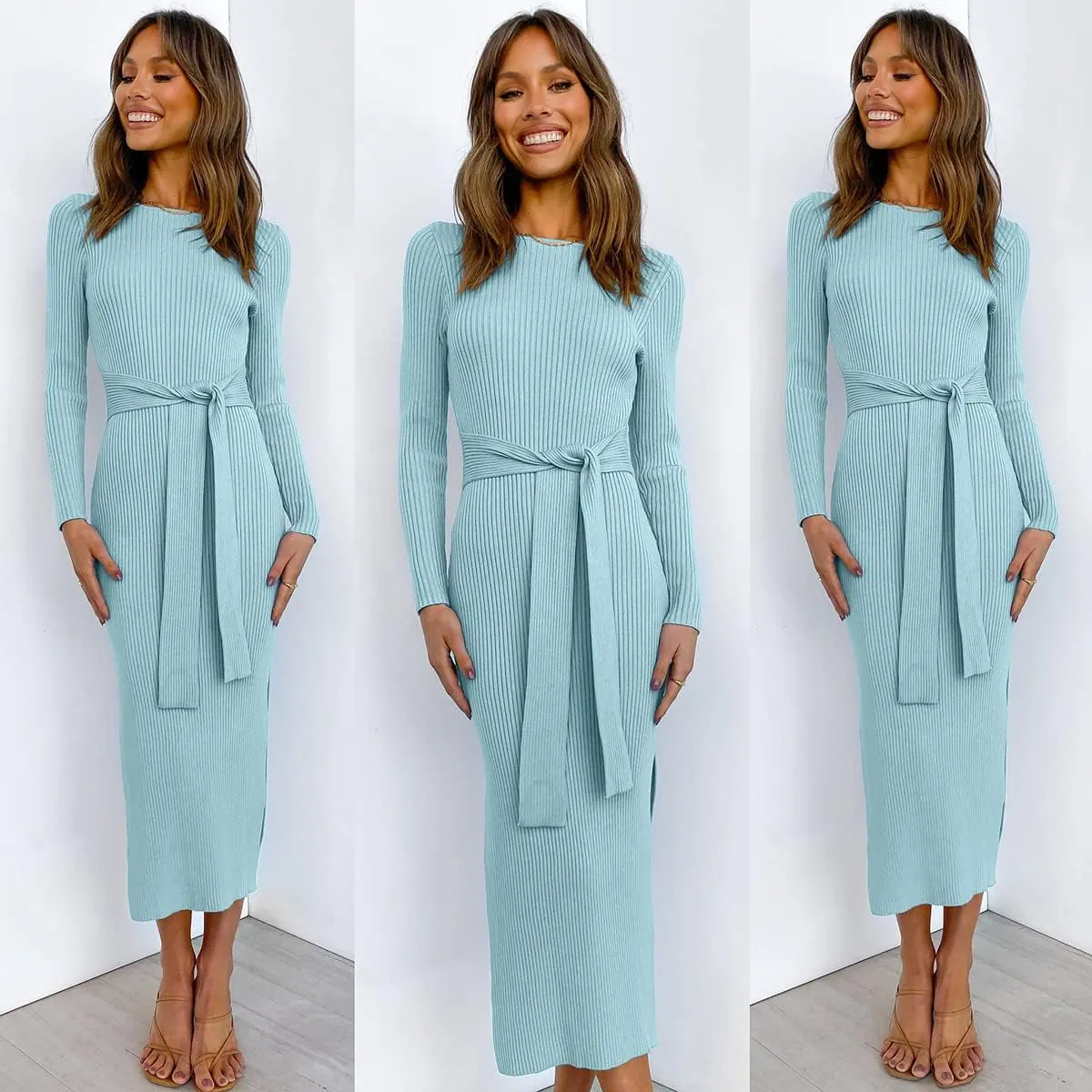 ANRABESS Womens Long Sleeve Sweater Dress Crew Neck Slim Fit Slit Tie Waist 2025 Ribbed Knit Bodycon Midi Dress Fall Outfits