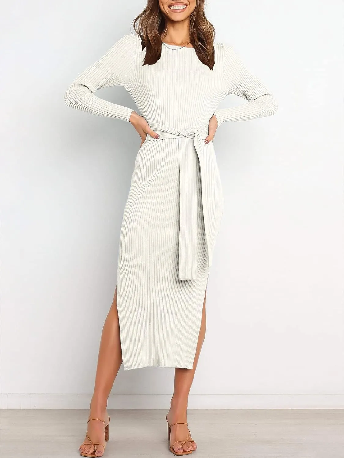 ANRABESS Womens Long Sleeve Sweater Dress Crew Neck Slim Fit Slit Tie Waist 2025 Ribbed Knit Bodycon Midi Dress Fall Outfits