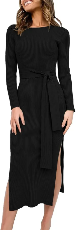ANRABESS Womens Long Sleeve Sweater Dress Crew Neck Slim Fit Slit Tie Waist 2025 Ribbed Knit Bodycon Midi Dress Fall Outfits