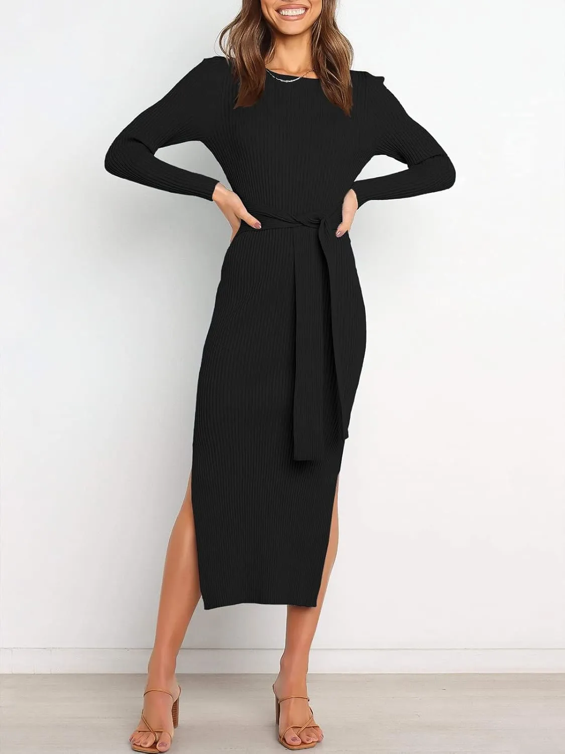 ANRABESS Womens Long Sleeve Sweater Dress Crew Neck Slim Fit Slit Tie Waist 2025 Ribbed Knit Bodycon Midi Dress Fall Outfits