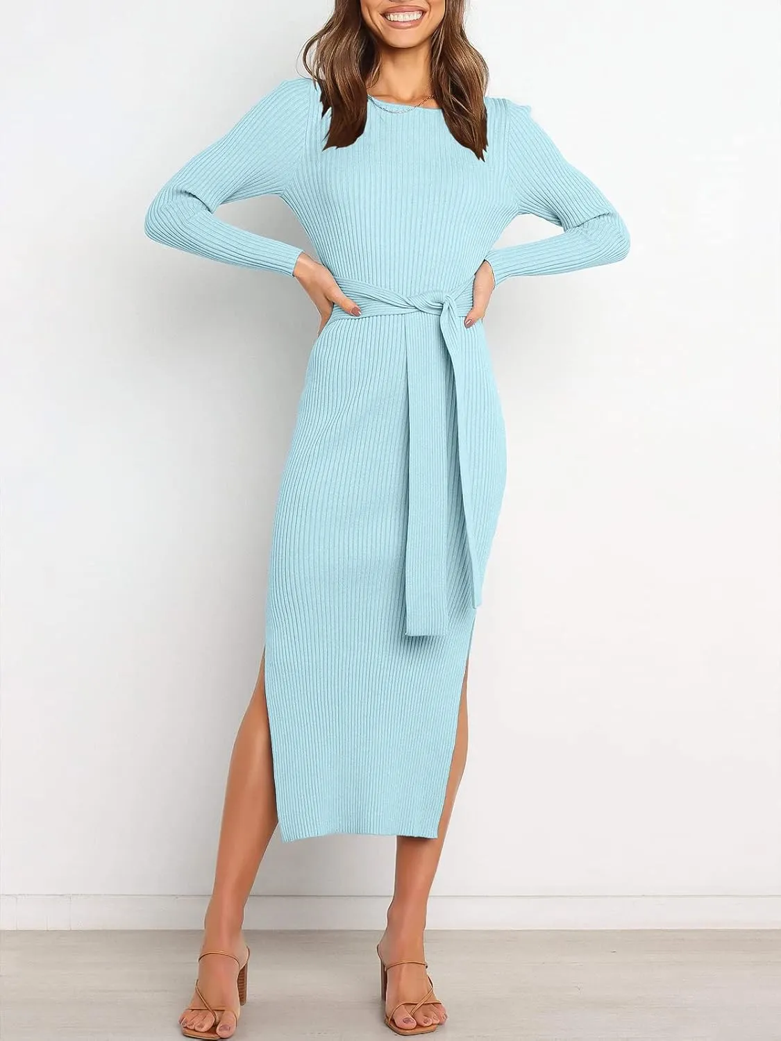 ANRABESS Womens Long Sleeve Sweater Dress Crew Neck Slim Fit Slit Tie Waist 2025 Ribbed Knit Bodycon Midi Dress Fall Outfits