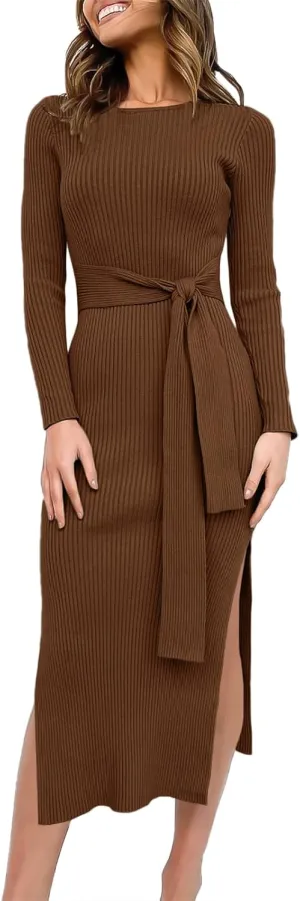 ANRABESS Womens Long Sleeve Sweater Dress Crew Neck Slim Fit Slit Tie Waist 2025 Ribbed Knit Bodycon Midi Dress Fall Outfits