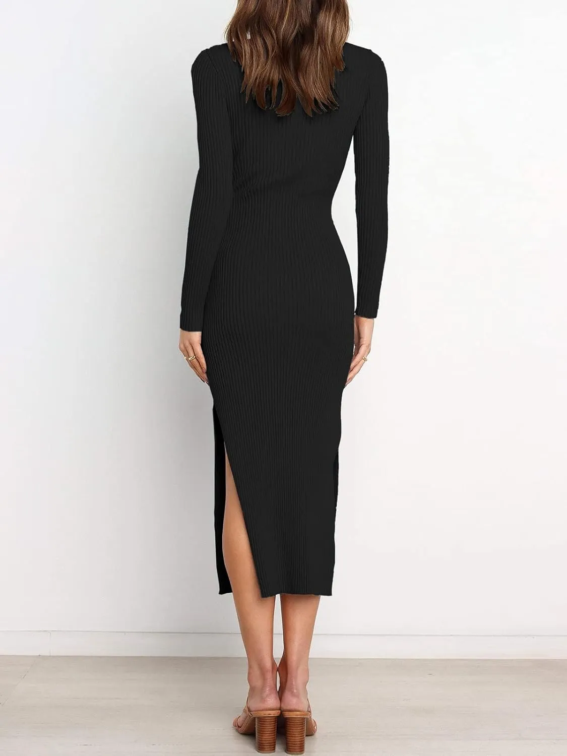 ANRABESS Womens Long Sleeve Sweater Dress Crew Neck Slim Fit Slit Tie Waist 2025 Ribbed Knit Bodycon Midi Dress Fall Outfits