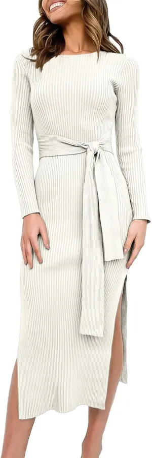ANRABESS Womens Long Sleeve Sweater Dress Crew Neck Slim Fit Slit Tie Waist 2025 Ribbed Knit Bodycon Midi Dress Fall Outfits