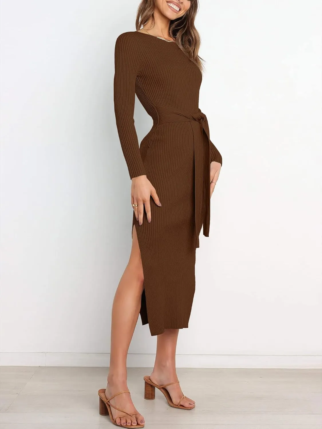 ANRABESS Womens Long Sleeve Sweater Dress Crew Neck Slim Fit Slit Tie Waist 2025 Ribbed Knit Bodycon Midi Dress Fall Outfits