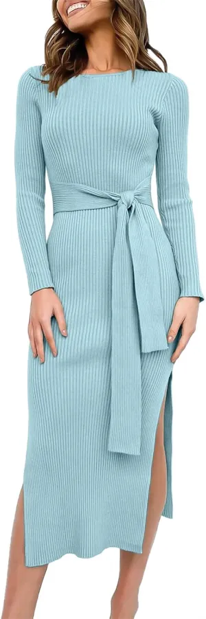 ANRABESS Womens Long Sleeve Sweater Dress Crew Neck Slim Fit Slit Tie Waist 2025 Ribbed Knit Bodycon Midi Dress Fall Outfits